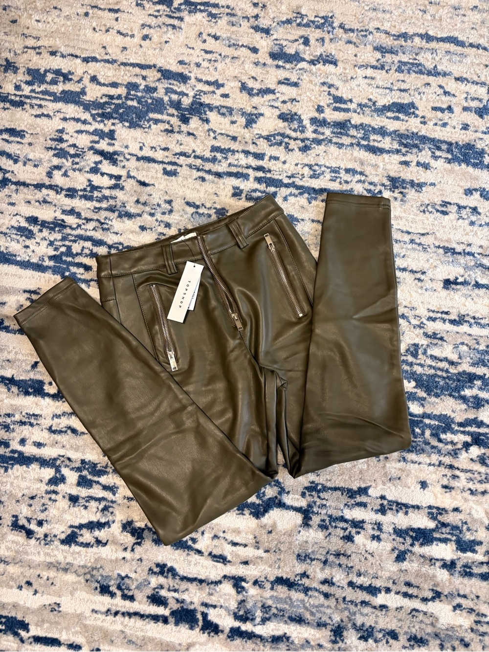 Topshop Faux Leather Skinny Jeans in Olive